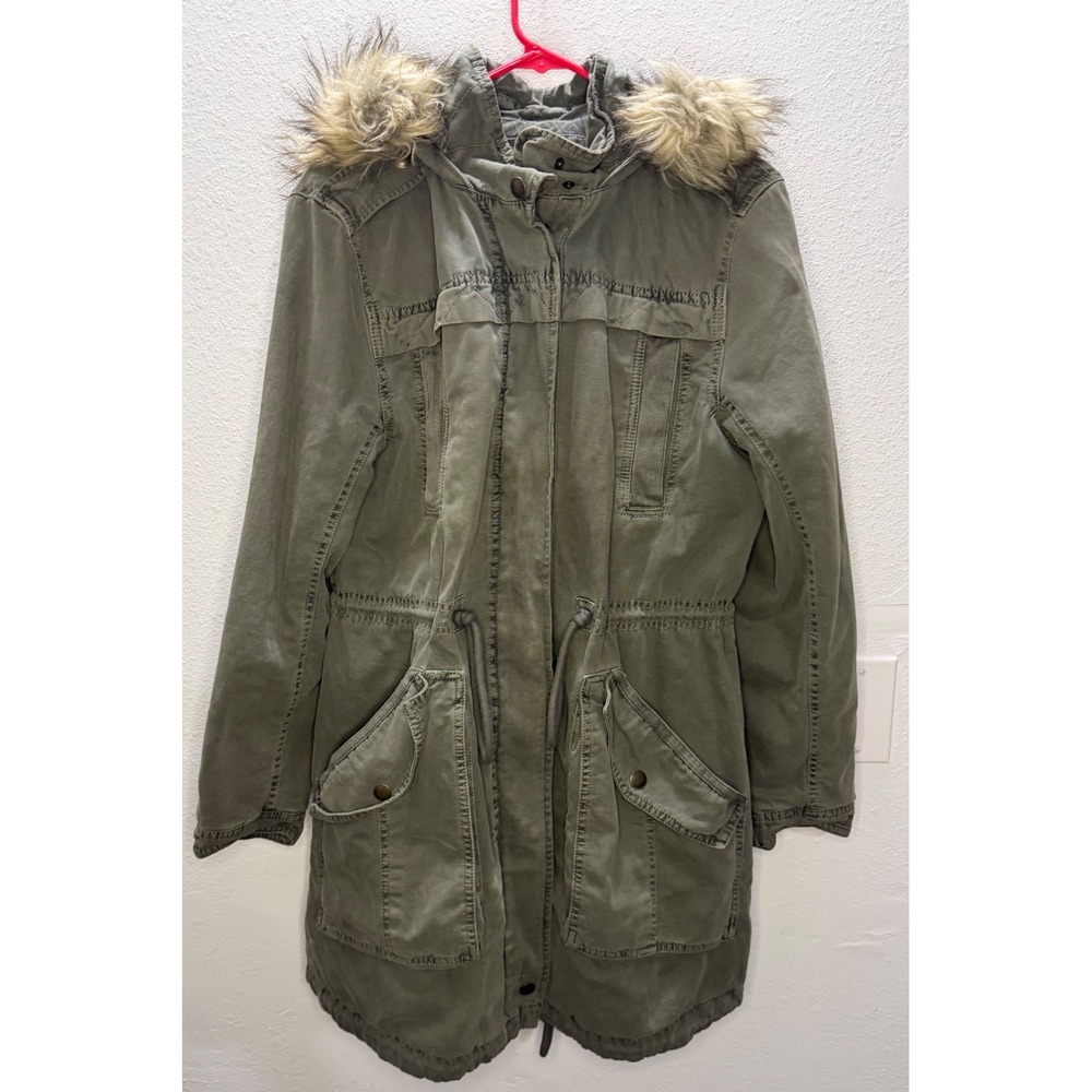 American Eagle Olive Green Military Parka Faux Fur Hood Jacket Small 5103873